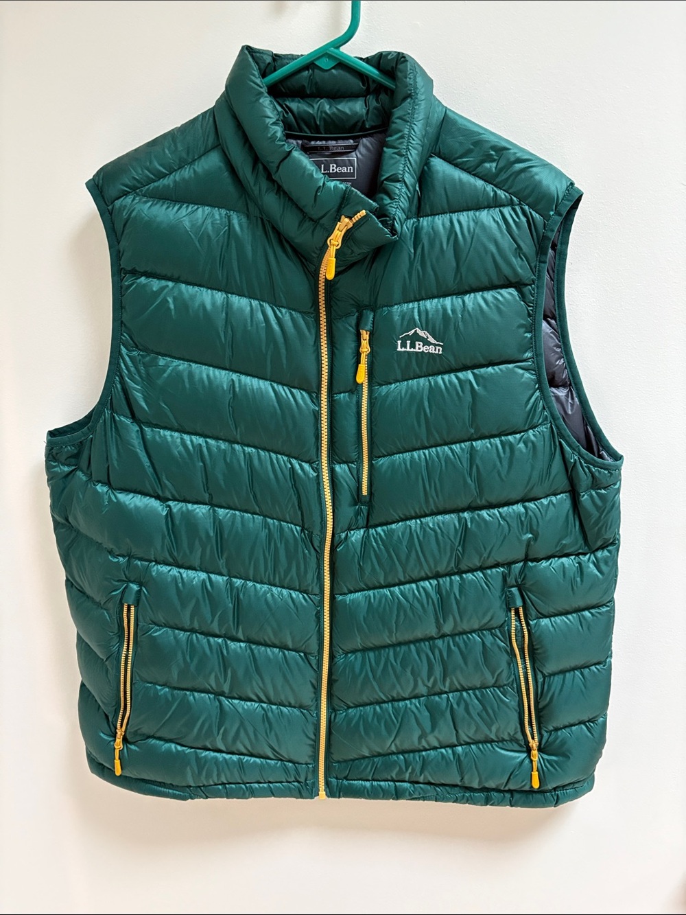 L.L. Bean Men’s Dark Green Down Puffer Vest with Yellow Zippers